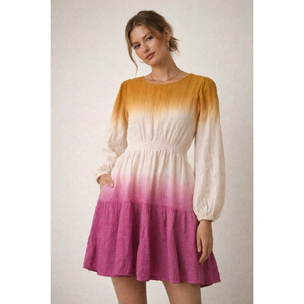 Universal Thread Ombre Pink Yellow Gauze Dress Women’s Large Boho Peasant